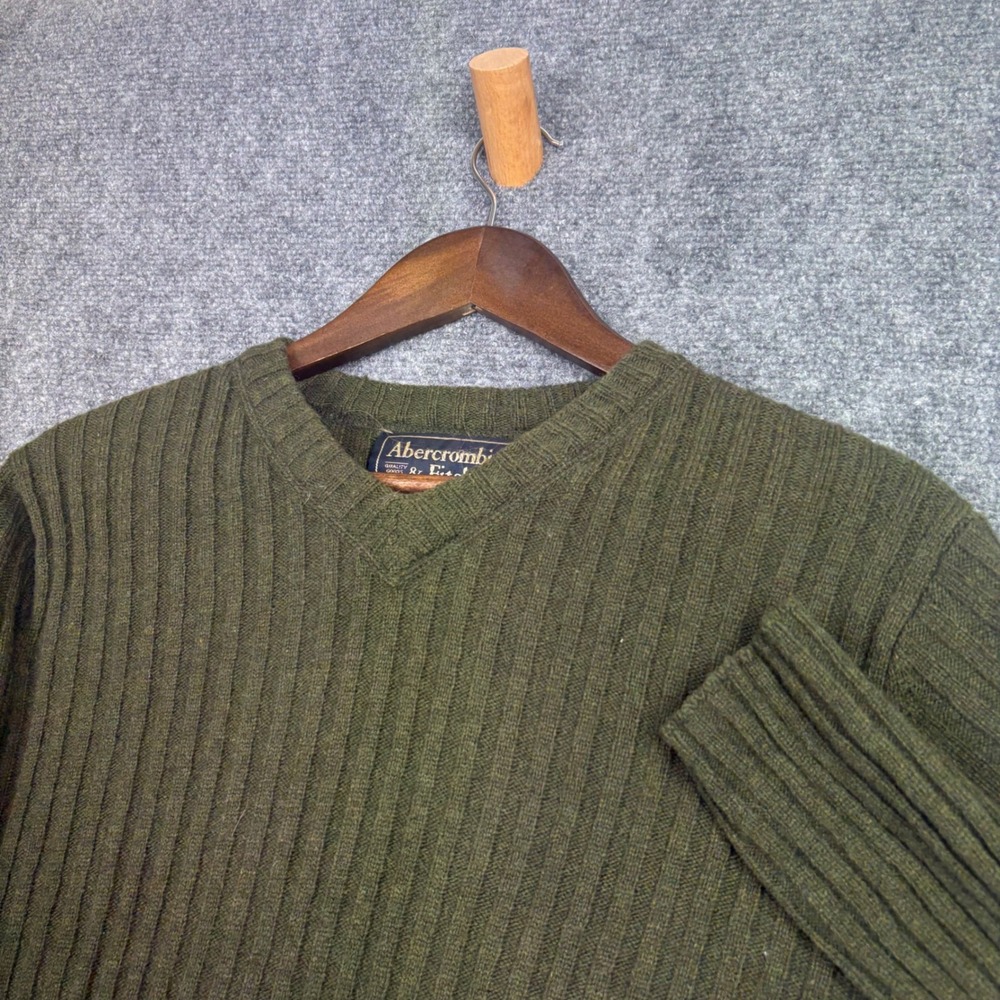 Abercrombie & Fitch Sweater Mens M Green Lambswool Ribbed V-Neck Outdoor Knit